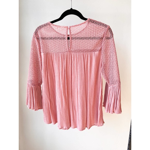 LOFT Women's Pink Lace Yoke Half Bell Hem Sleeve Boho Flowy Blouse size S/M - Picture 2 of 7
